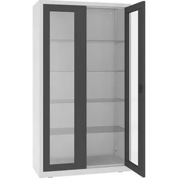 Kovová skříň s prosklenými dveřmi, kovové police, dvoukřídlé dveře, š x h x v: 1000x435x1800 mm, barva dveří antracitová RAL7016