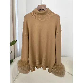 Pletený svetr rolák s pravou kožešinou Barva: Světle Hnědá, Velikost: ONE SIZE