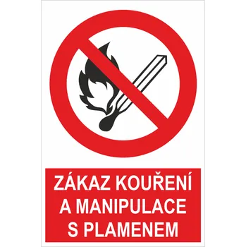 Značení Zákaz kouření a manipulace s plamenem ISO 7010 samolepící vinylová fólie 200x150 mm