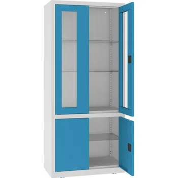 Kovová skříň, horní dveře prosklené, dolní plné, kovové police, dvoukřídlé dveře, š x h x v: 800x435x1800 mm, barva dveří modrá RAL5012