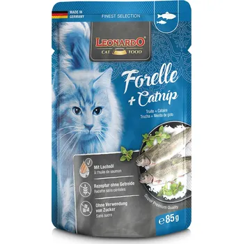 Krmivo pro kočku 16x85g Leonardo Finest Selection Pouch - pstruh a šanta kočičí