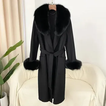 Dámský kabát Vlněný luxusní kabát s pravou liščí kožešinou Barva: Černá, Velikost: M