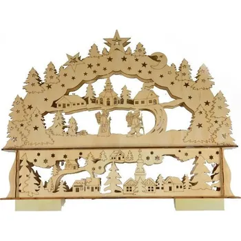 Vánoční dekorace Vánoční výzdoba do bytu - osvětlená krajina na baterie, hnědá překližka, 44 cm