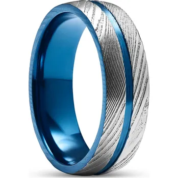 Prsten Fortis | 7mm prsten s drážkou z damaškové oceli stříbrné barvy a titanu v modré barvě - Lucleon