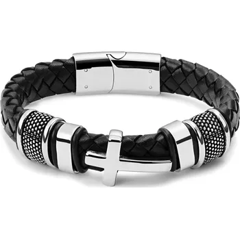 Náramek Černý splétaný náramek s křížkem z nerezové oceli stříbrné barvy - Lucleon