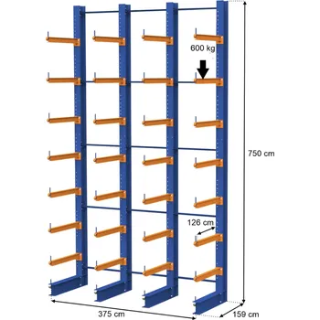 Dílenský regál Jednostranný konzolový regál MECALUX 0+7, H-750 cm, L-375 cm, nosnost na rameno 600 kg, 4 moduly