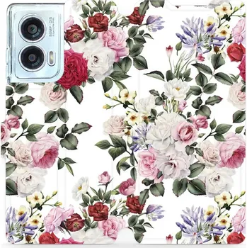 Pouzdro na mobilní telefon Flipové pouzdro Mobiwear - Motorola Edge 50 Fusion - MD01S Růže na bílé (Knížkové flip pouzdro, obal, kryt na mobil Motorola Edge 50 Fusion - MD01S Růže na bílé, materiál Umělá kůže + TPU - ochrana 360°, stojánek, silikonová vanička, magnetické zavírání)