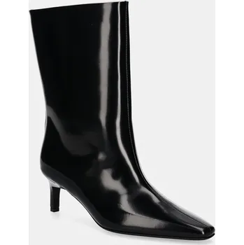 Dámské kozačky Kožené kotníkové boty Calvin Klein HEEL MID BOOT 50 LTH dámské, černá barva, na podpatku, HW0HW02151 99X, EUR 36