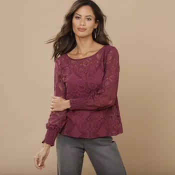 Dámská halenka Blancheporte Krajková halenka s dlouhými rukávy švestková 52