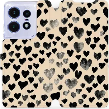 Pouzdro na mobilní telefon Flipové pouzdro Mobiwear - Motorola Edge 50 Pro - VA51S Černá srdíčka (Knížkové flip pouzdro, obal, kryt na mobil Motorola Edge 50 Pro - VA51S Černá srdíčka, materiál Umělá kůže + TPU - ochrana 360°, stojánek, silikonová vanička, magnetické zavírání)