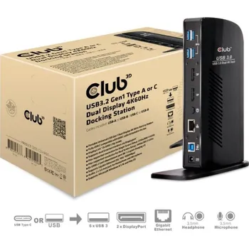 Příslušenství pro notebook Club3D Dokovací stanice USB-A nebo USB-C, 10v1 2xDP, 6xUSB, 1xRJ45, 1x3.5mm, černá