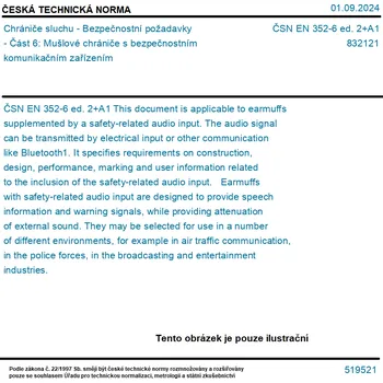 ČSN EN 352-6 ed. 2+A1 - Chrániče sluchu - Bezpečnostní požadavky - Část 6: Mušlové chrániče s bezpečnostním komunikačním zařízením - Tisk