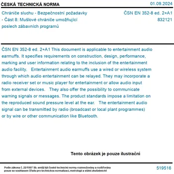 Chránič sluchu ČSN EN 352-8 ed. 2+A1 - Chrániče sluchu - Bezpečnostní požadavky - Část 8: Mušlové chrániče umožňující poslech zábavních programů - Tisk