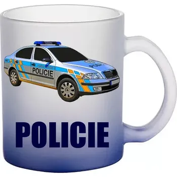 POLICIE Š.k.o.d.a. O.c.t.a.v.i.a. skleněný hrneček (hrneček s policejním autem matné sklo )