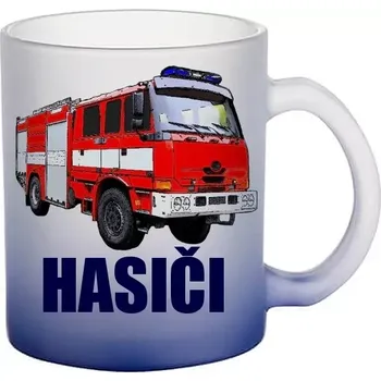 Hasičské auto skleněný hrneček HASIČI modrý 330 ml (hrneček s hasičským autem matné sklo )