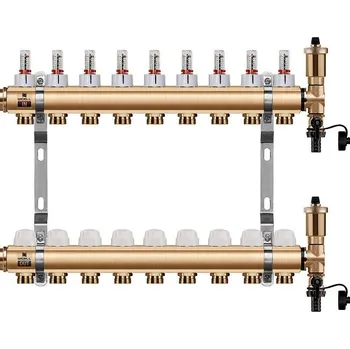 rozdělovač topení Wigell Podlahový rozdělovač WIGELL, 9 okruhů, mosazný + automatické odvzdušňování