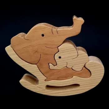Hodiny AMADEA Dřevěné puzzle houpací slon, masivní dřevo dvou druhů dřevin, 14x12x3 cm