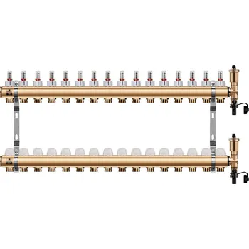 rozdělovač topení Wigell Podlahový rozdělovač WIGELL, 16 okruhů, mosazný + automatické odvzdušňování