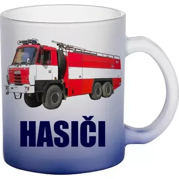 Hasičské auto modrý skleněný hrneček HASIČI (hrneček s hasičským autem matné sklo )