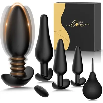 Dildo SuperLove Butt Plug Training Kit & Anal Vibrator with Remote Black