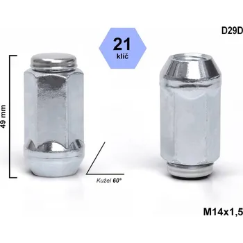 Matice na kolo Kolová matice M14x1,5 kužel, prodloužená , klíč 21, D29D, výška 49