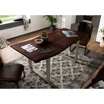 Jídelní stůl METALL Jídelní stůl se stříbrnými nohama 140x90, akácie, hnědá