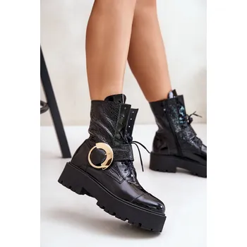 Dámské kozačky Zazoo 2942 Kožené Boty Worker Se Zlatým Sponou Barva: Černá, Velikost: 41