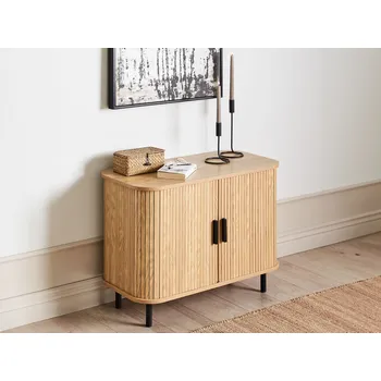 Televizní stolek TV stojan Tmavé dřevo Černá MDF TV Až 54 ʺRetro posuvná skříňka Zásuvka Kabelový obývací pokoj Beliani