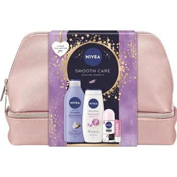 Kosmetická sada Nivea Smooth Care Smooth Sensation tělové mléko 400 ml + Nivea Diamond & Argan Oil sprchový gel 250 ml + Nivea Invisible Black & White Clear antiperspirant roll-on 50 ml + Labello Soft Rosé balzám na rty 4,8 g + kosmetická etue, kosmetická sada pro ženy