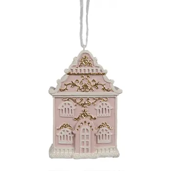 Vánoční ozdoba Růžová vánoční ozdoba perníkový domeček se zlatými ozdobami a bílými okny – 6x4x9 cm