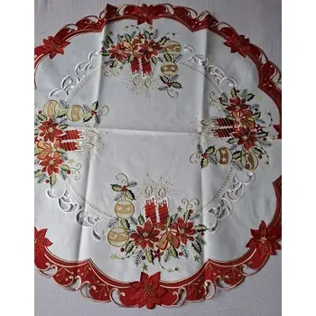Vánoční dekorace UBRUS vyšívaný prům. 85cm vánoční červený lem