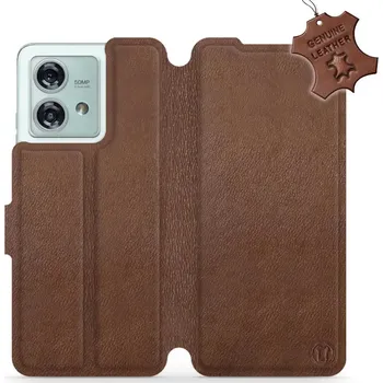 Pouzdro na mobilní telefon Kožené flip pouzdro Mobiwear - Motorola Edge 40 Neo - Hnědé (Kožené knížkové pouzdro, obal, kryt na mobil Motorola Edge 40 Neo, Hnědé, materiál Genuine Leather, ochrana 360°, stojánek, silikonová vanička, magnetické zavírání)
