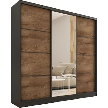 Šatní skříň Šatní skříň HARAZIA 180 se zrcadlem, 4 šuplíky a 2 šatními tyčemi, černý mat/dub lefkas +možnost VÝNOSU + vyzvednutí ZDARMA