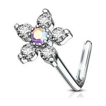 Piercing Zahnutý piercing do nosu, duhový kamínek