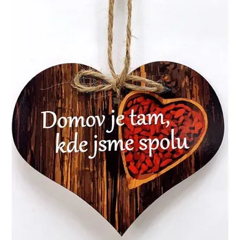 Obraz Dřevěné srdíčko 11cm barevné s nápisem - Domov je tam, kde jsme spolu