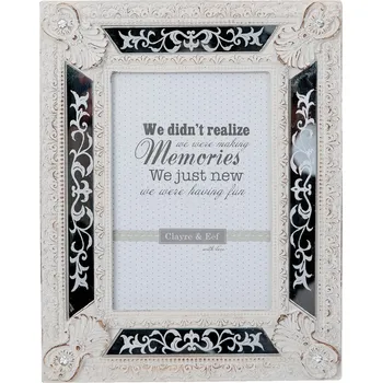 Rám na obraz Bílý fotorámeček s patinou a zrcátky - 18*1*21 cm / 10*15 cm