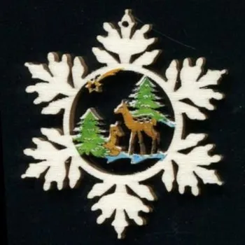 Vánoční dekorace AMADEA Dřevěná ozdoba barevná vločka se srnkami 6 cm