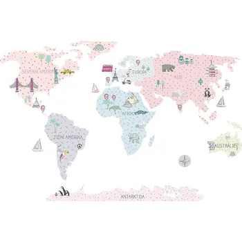 Samolepící dekorace ELIS DESIGN KOPKO MAPA SVĚTA samolepka na zeď barva: růžová, Velikost: S (malá)