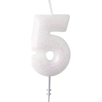 Dortová svíčka Narozeninová svíčka bílá se třpytkami "číslo 5", 4,5 cm