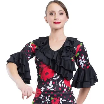 Dámské tričko Happy Dance,Dámská halenka s kanýry E4738, černý volán, tělo květované 40