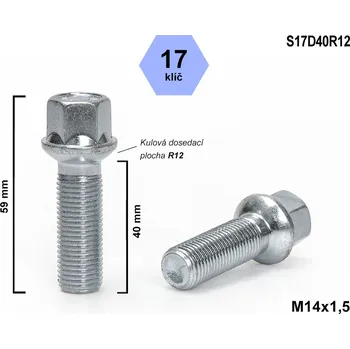 Šroubek na kolo Kolový šroub M14x1,5x40 koule R12, klíč 17, S17D40R12 výška 59