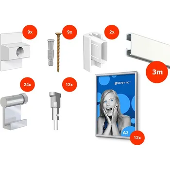 Rám na obraz Artiteq Nástěnný set na obrázky - Click Rail 3m, bílý + 12x A3 hliníkový rámeček včetně háčků a lanek