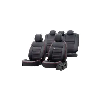 Potah sedadla UNI potahy sedadel design Premium materiál kůže, barva černá + červené prošívání - 11-ti dílná sada (vhodné i pro sedadla s bočními airbagy)