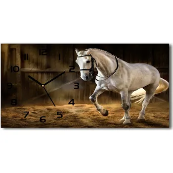 Hodiny Skleněné hodiny na stěnu Bílý kůň ve stáji