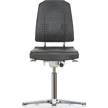 Polyurethanová pracovní židle se stabilním pětiramenným podstavcem z litého hliníku a s kluzáky. Nezávisle nastavitelná ocelová mechanika s hliníkovým krytem. Plynový píst se zdvihem 430 až 600 mm.