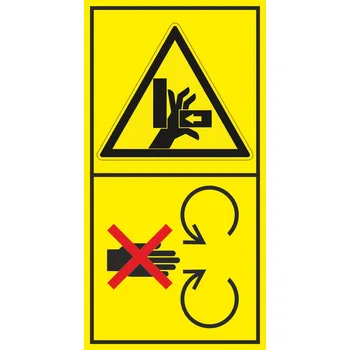 Nebezpečí stlačení ruky - Neodstraňuj bezpečnostní kryt pokud je stroj v běhu samolepící vinylová fólie 85 x 45 mm