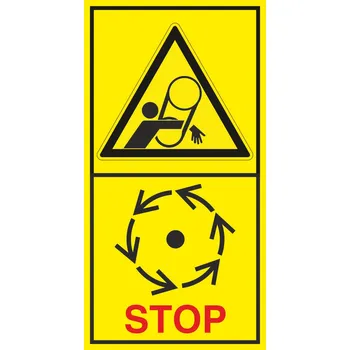 Nebezpečí pásový pohon - Vyčkej před manipulaci nebo otevřením až do úplného zastavení pohybujících se částí samolepící vinylová fólie 85 x 45 mm