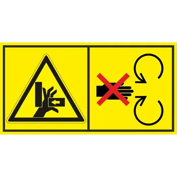 Nebezpečí stlačení ruky - Neodstraňuj bezpečnostní kryt pokud je stroj v běhu samolepící vinylová fólie 45 x 85 mm