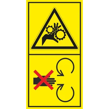 Nebezpečí vtažení prstů - Neodstraňuj bezpečnostní kryt pokud je stroj v běhu samolepící vinylová fólie 85 x 45 mm