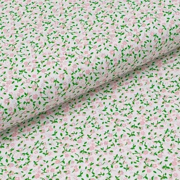 Bavlněné plátno bílé, světle růžové drobné květy, zelené lístečky, š.140